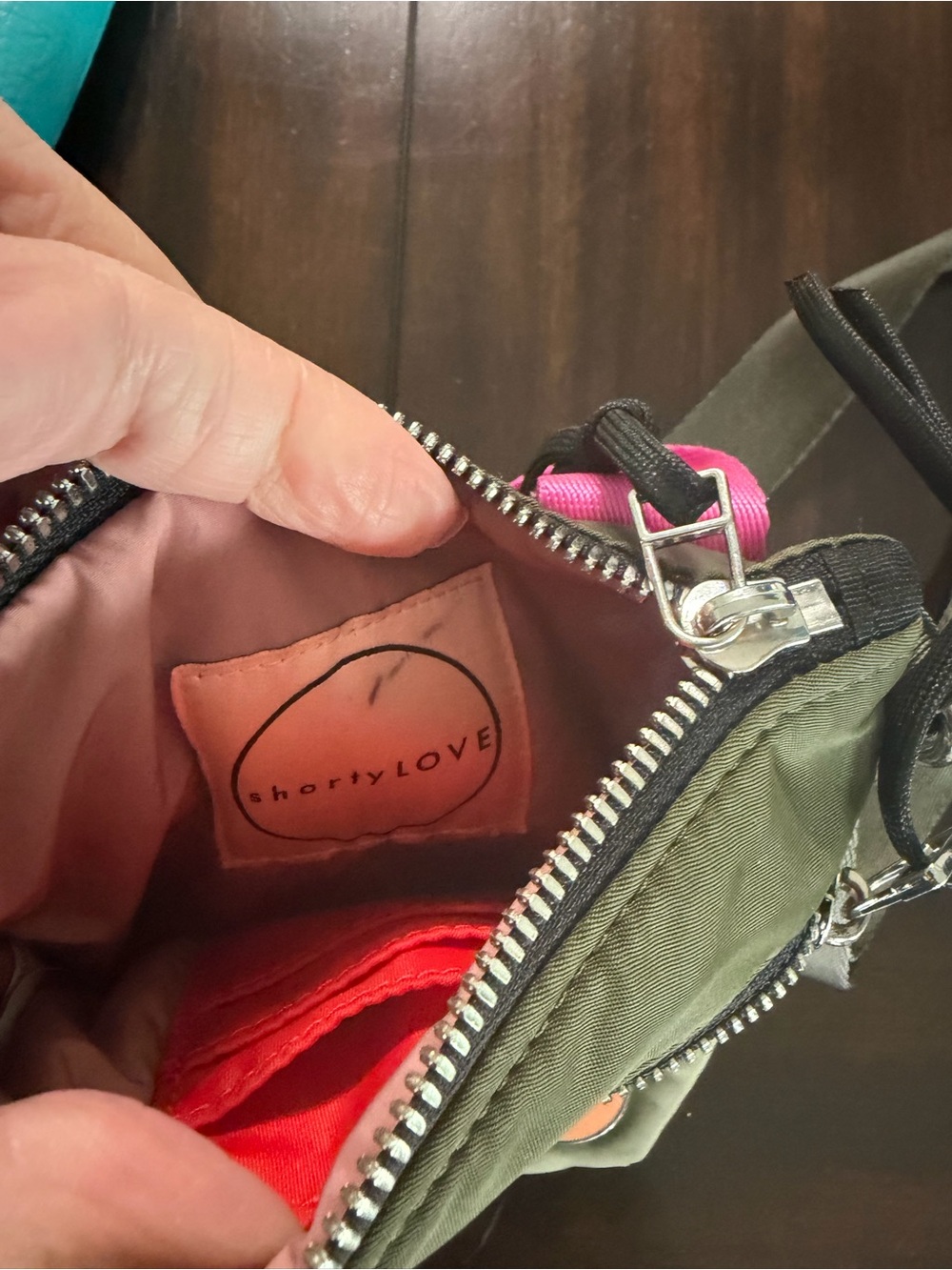 Olive Green Messenger Crossbody Bag with Pink Interior - Picture 3 of 4